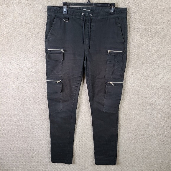 Hot Topic‎ Pants Mens Large Black Skinny Cargo Jogger Zip Pockets Goth Punk - Picture 1 of 12